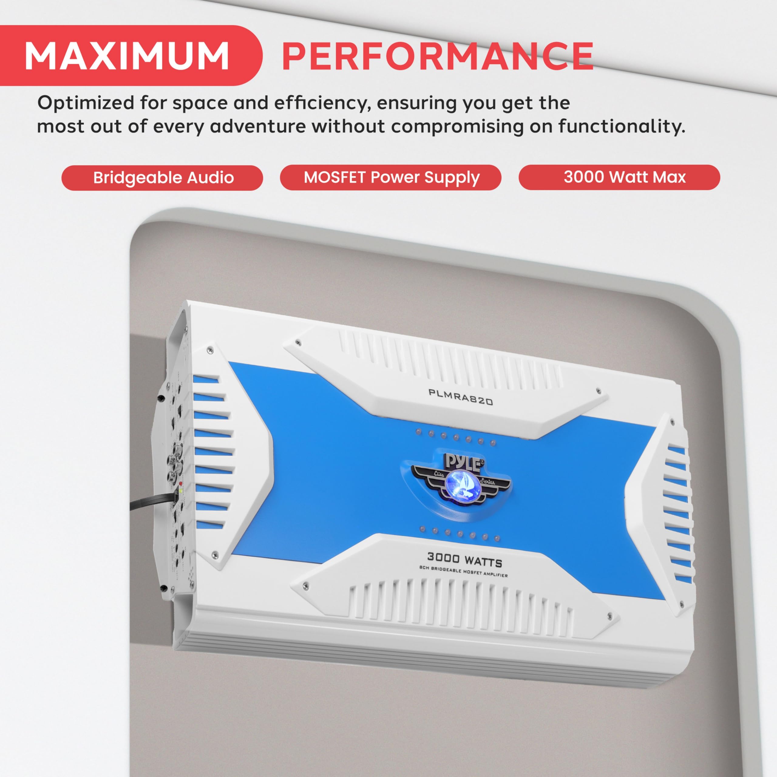 Pyle Hydra Marine Amplifier   Upgraded Elite Series 3000 Watt 8 Channel Bridgeable Amp Tri Mode Configurable, Waterproof, Mosfet